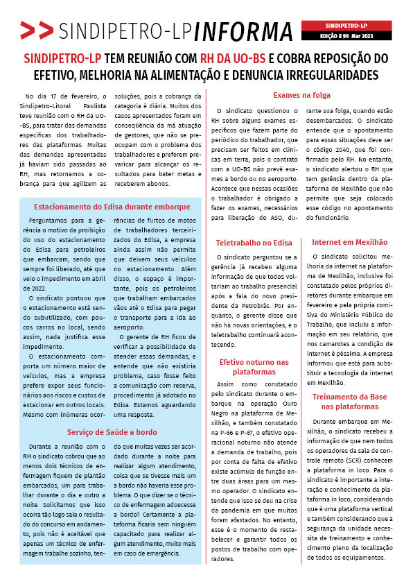 Boletim Sindipetro Informa nº 98 - Plataformas