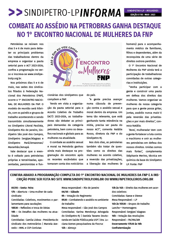 Boletim Sindipetro Informa n° 103 - Congresso das Mulheres
