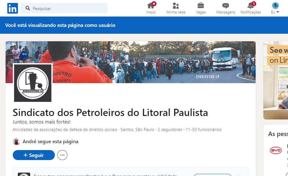 Sindicato dos Petroleiros do Litoral Paulista Amplia sua Presena Online e cria perfil no LinkedIn