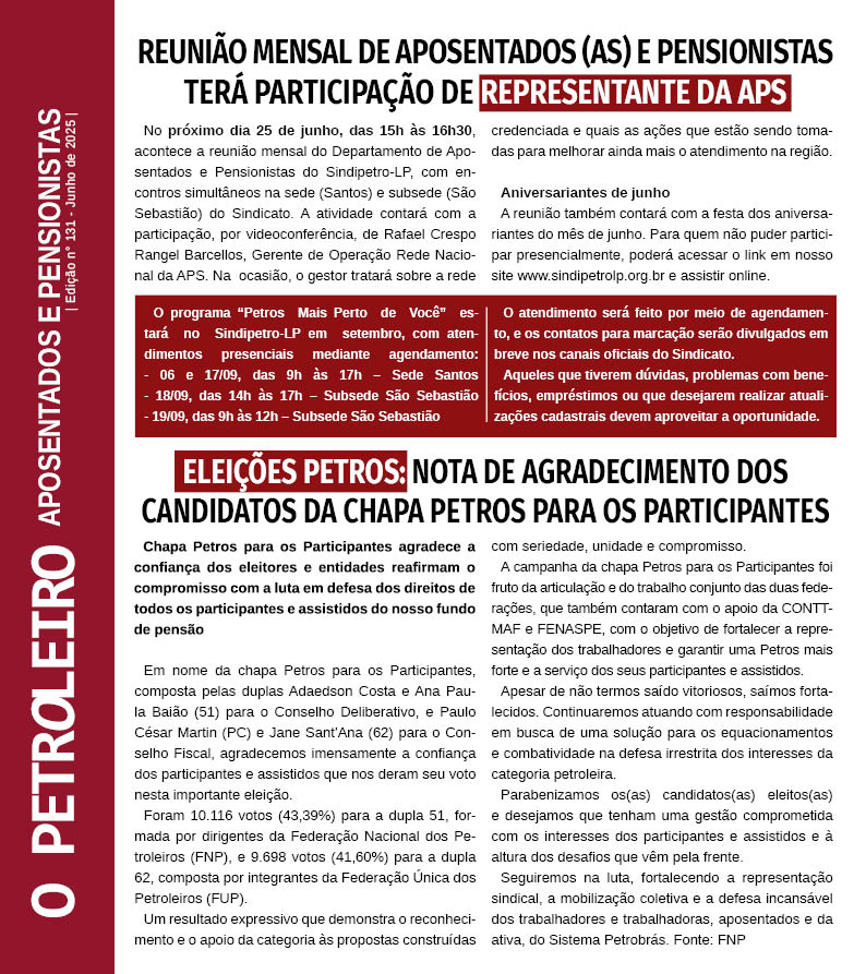 Voc leu a verso digital do Boletim "O petroleiro" n 131 do Departamento de Aposentados e Pensionistas?