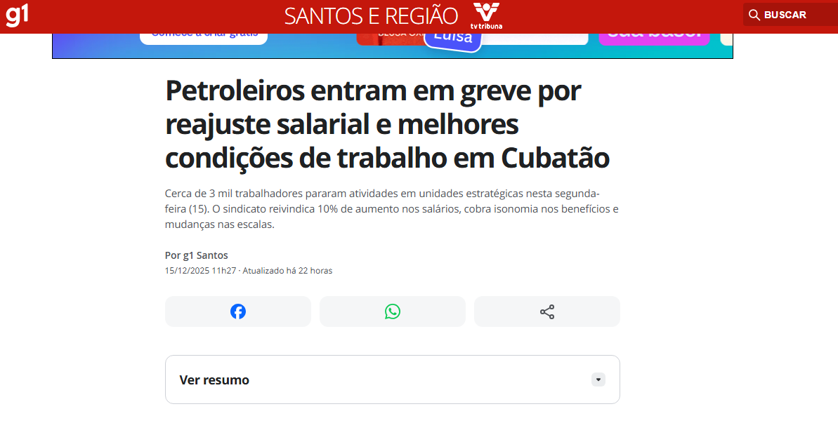 Greve nacional unificada dos petroleiros ganha destaque na mídia regional nesta segunda-feira (15)