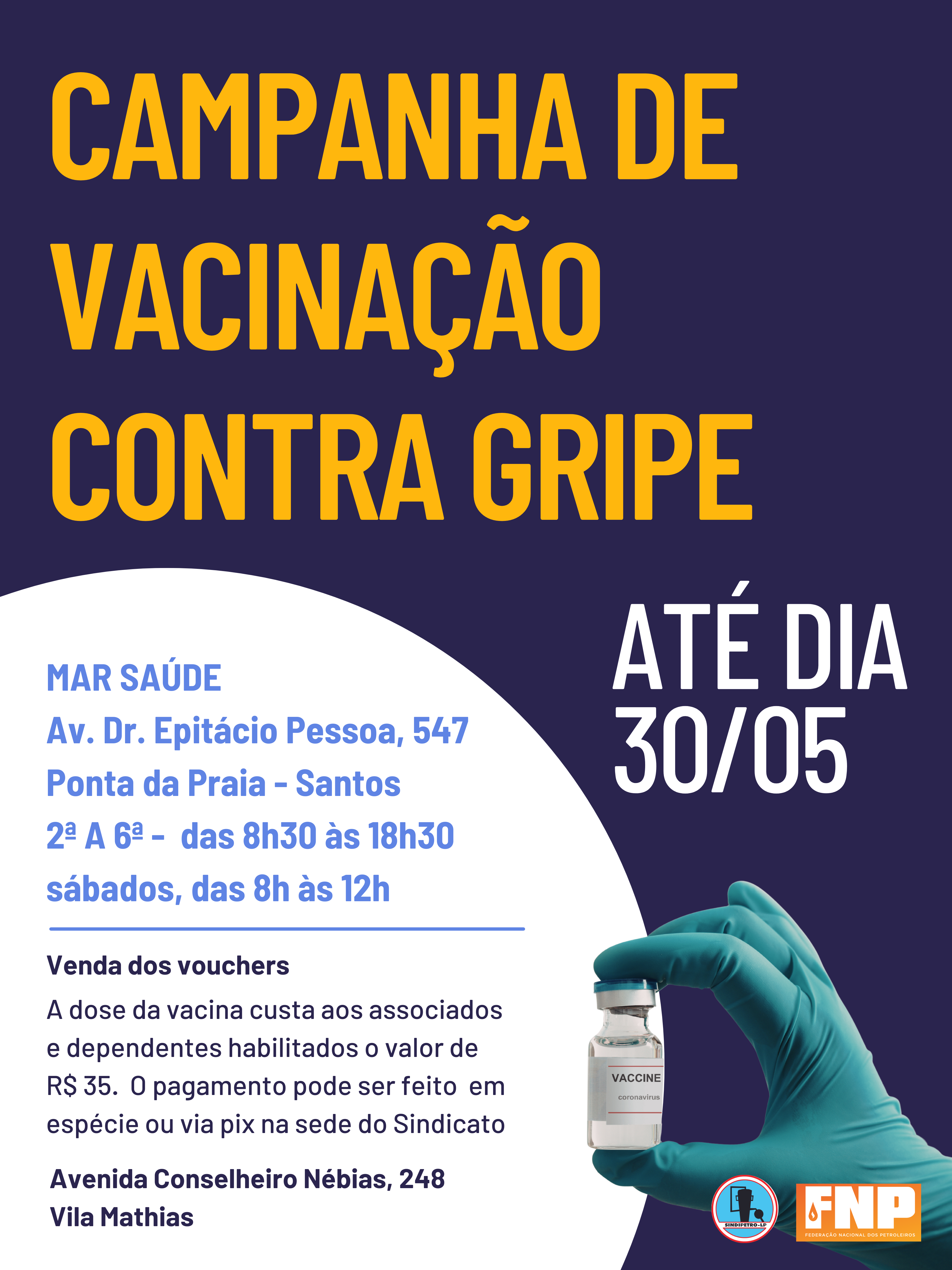 Campanha de vacina��o do Sindipetro-LP vai at� 30 de maio, para associados e seus dependentes habilitados