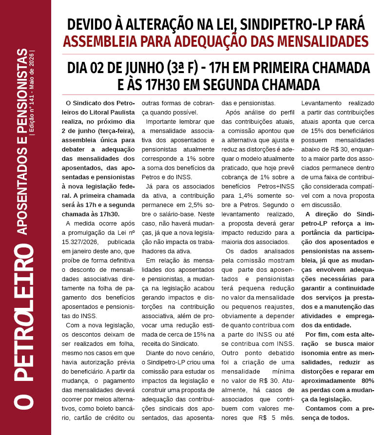 VOC� J� LEU A VERS�O DIGITAL DO BOLETIM "O PETROLEIRO" N� 141 ESPECIAL APOSENTADOS E PENSIONISTAS?