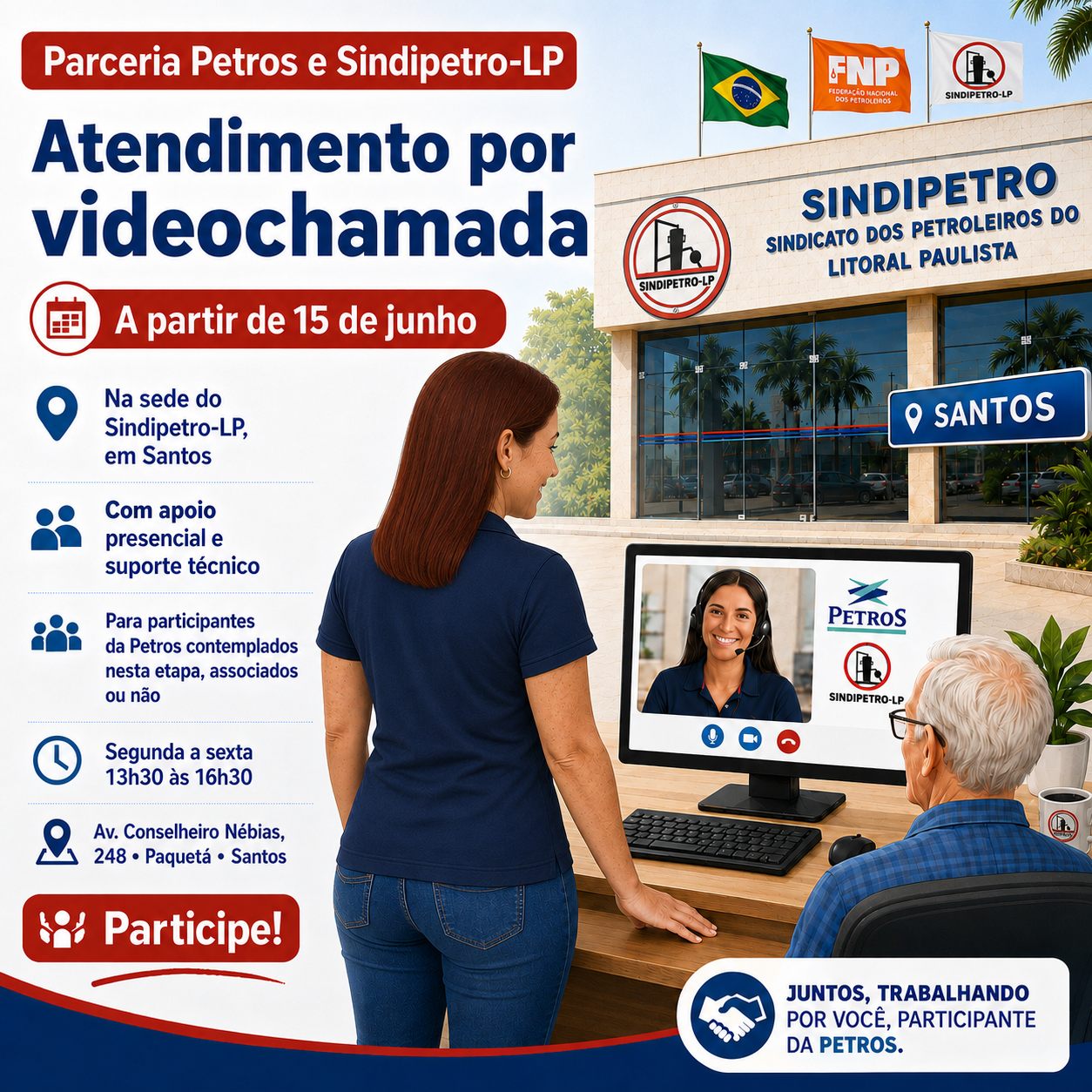 Parceria Sindipetro-LP e Petros inicia projeto-piloto de atendimento por videochamada, em Santos