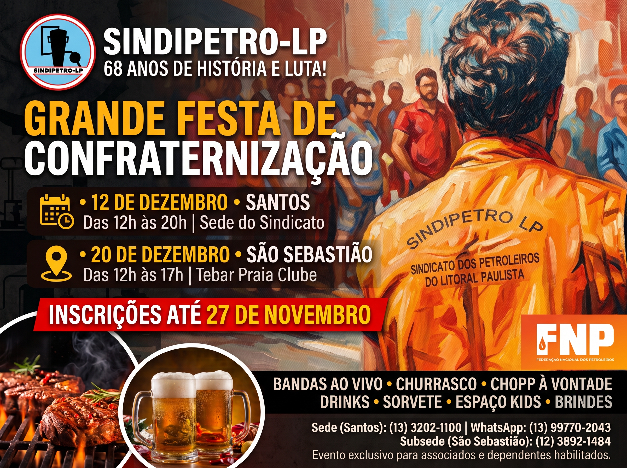Sindipetro-LP comemora 68 anos com grandes festas em Santos e São Sebastião; inscrições vão até 27/11